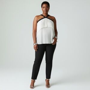 Black Trim White Plisse Pleated Halter Top